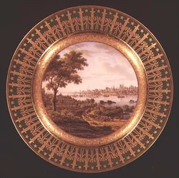 Sevres bord versierd met een uitzicht op Warschau
