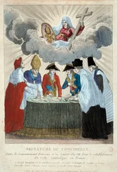 Ondertekening van het Concordaat van 1801 op 15/07/1801: het is ondertekend tussen de Franse regering (hier vertegenwoordigd door Joseph Bonaparte) en de Heilige Stoel (vertegenwoordigd door kardinaal Consalvi voor paus Pius VII). 1801 Parijs, Musee Carnav