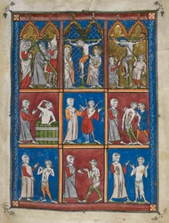 Sloane 1977,f.7 De Chirurgia: Negen miniaturen met bijbelse en medische scènes. Boven, Christus draagt het kruis; Maria en St. Johannes op Calvarie; Christus krijgt azijn en wordt doorboord met de lans. Midden en onder, artsen behandelen patiënten voor ver
