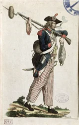 Soldaat van de Franse Revolutie met een bajonet waaraan een brood en een stuk vlees zijn bevestigd: L