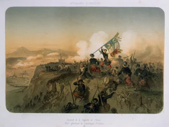 Soldaten onder aanval bij de slag van Alma op 20 september 1854