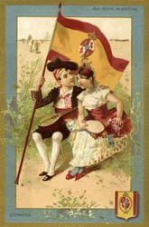 Spaanse jongen en meisje, uit een serie illustraties van kinderen uit verschillende landen, geproduceerd als promotiekaarten voor het Bon Marché warenhuis in Parijs, c.1890