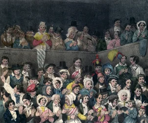 Toeschouwers die applaudisseren in het theater, gegraveerd door Benard en Frey, 1837