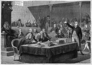 Toespraak van Afgevaardigde Fox aan het Parlement van Engeland over de invasie van Frankrijk in Zwitserland, november 1802 - Gravure uit 