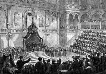 Toespraak van de koning van Italië Victor Emmanuel II (Vittorio Emanuele) (Victor-Emmanuel) (1820-1878) bij de opening van de zitting van de Italiaanse staten in het parlement van Turijn