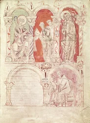 St. Johannes Cassianus (360-ca.435) schrijvend en monniken die het boek aanbieden aan de patroon van de abdij, uit Collationes door Cassianus, uit de Abdij van St. Amand