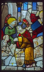 Glas-in-loodraam, de evangelisten die de vaten opslaan (thema van de mystieke pers)