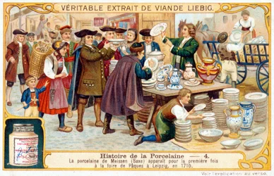 Verhaal van porselein nr. 4: Meissen porselein (Saksen) verscheen voor het eerst op de Paasmarkt in Leipzig in 1710. Liebig chromolithografie