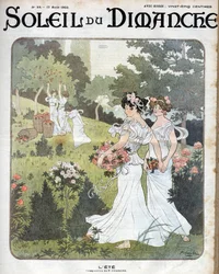 Allegorie over de zomer: Vrouwen in witte jurken houden elkaars hand vast met manden rozen in een tuin en anderen plukken appels uit een boomgaard