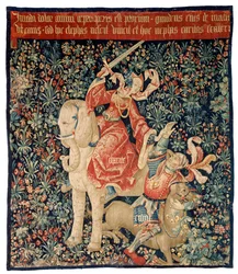 Wandtapijt met voorstelling van Mille-fleurs en Liefde die Afgunst overwint (wol en zijde)