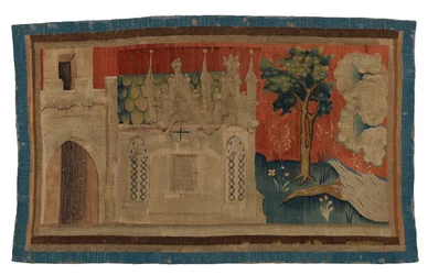 Wandtapijtfragment dat een Gotische Kerk in Landschap uitbeeldt, uit de Apocalyps van Angers