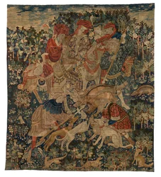 Wandtapijtfragment met een zwijnenjacht, uit Arras