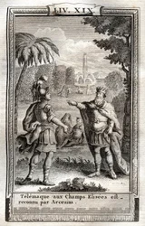 Telemachus in de Champs Elysées wordt herkend door Arcesius - gravure van 1798 naar Monnet in 