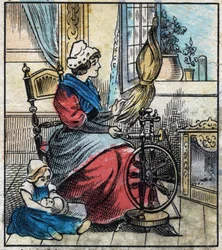 Textiel, linnen. Een vrouw gebruikt een mechanisch spinnewiel om linnen te spinnen. Gravure. Epinal afbeelding eind 19e eeuw.