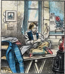 Textiel, linnen. Naaigaren gesneden in strengen. Gravure. Epinal afbeelding eind 19e eeuw.