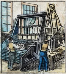 Textiel, linnen: de werkplaats. Kam om het linnen garen te verwijderen en glad te maken dat door de tekening in steeds dunnere linten zal worden omgezet. Gravure. Epinal afbeelding eind 19e eeuw.
