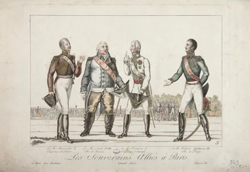 De Geallieerde Vorsten in Parijs, Alexander I, Keizer van Rusland, Lodewijk XVIII, Koning van Frankrijk, Frans I, Keizer van Oostenrijk en Frederik Willem III, Koning van Pruisen, uitgegeven door Martinet