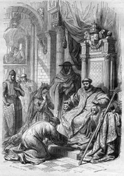 De aartsbisschop Saint Dunstan dwong koning Edwy van Engeland (941-959) om te scheiden. Gravure in 