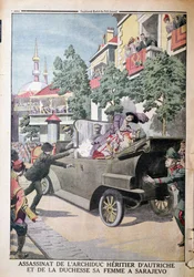 De moord op aartshertog Frans Ferdinand van Oostenrijk (1863-1914) en zijn vrouw, hertogin Sophia, door Gavrilo Princip (1895-1918) in Sarajevo, 28 juni 1914, uit Le Petit Journal, 12 juli 1914