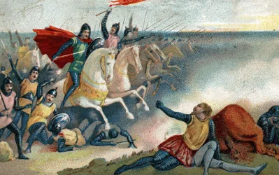 De Slag bij Hastings op 14/10/1066 tussen de Saksen van Harold II en het Normandische leger (Willem I de Veroveraar). Chromolithografie van het einde van de 19e eeuw.