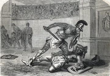 De strijd van de gladiatoren in de arena (gravure) 1864