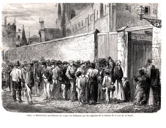 De kapucijnen van de rue de la Sante delen de dagelijkse soep uit aan de armen, uit Le Monde Illustre, 1860