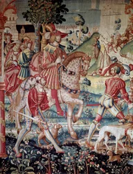 Het vertrek van de verloren zoon Wandtapijt van wol en zijde gemaakt in Doornik rond 1520. Parijs, Nationaal Museum van de Middeleeuwen, Thermen van Cluny