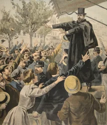 De Deroulede-bijeenkomst: bij de uitgang, illustratie uit Le Petit Journal: Supplement illustre, 9 oktober 1898