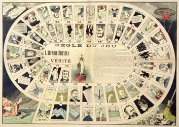 Het Dreyfus Affaire Spel, met portretten van de verschillende betrokkenen, eind 19e eeuw
