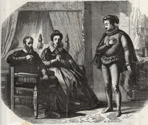 De hertogin van Cleves, Mary von Julich, hertogin van Juliers en Berg (1491-1543), verneemt de ontbinding van het huwelijk tussen haar dochter, Anne van Cleves (1515-1557), en de koning van Engeland Henry VIII (1491-1547) in 1540. Gravure uit 1871 in 