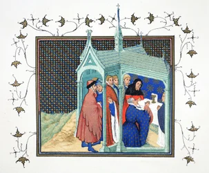 De graaf van Northumberland bij de Hoogmis in de kapel van Conway Castle legt zijn verraderlijke en fatale eed af, facsimile kopie uit Le Prinse et Mort du Roy Richart door Jean Creton, herdrukt 19e eeuw