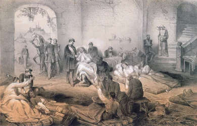 Keizer Napoleon III bezoekt gewonde soldaten na de Slag bij Solferino, 24 juni 1859