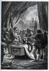 De Engelse gouverneur van Chateauneuf de Randon gaf zich over en legde de sleutels van het plein op de kist van Bertrand du Guesclin (1320-1380), op 13 juli 1380 voor wie de stad werd belegerd.