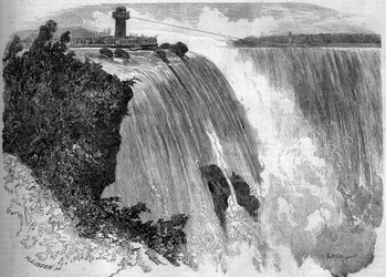 De Franse acrobaat Blondin (Jean François Gravelet, genaamd) (1824-1897) steekt de Niagara Falls over. Naar een schets van Mr. Philibert. Gravure in “Le Monde Illustré” nr. 127 van 17 september 1859
