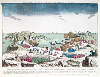 De Franse aanval op St. John in Newfoundland op 2 juni 1762 onder bevel van Chevalier du Ternay, eind achttiende eeuw