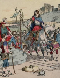 De Gallische leider Vercingetorix (72-46 v.Chr.) geeft zich over aan de Romeinse leider Julius Caesar (100-44 v.Chr.) na de slag bij Alesia in 52 v.Chr.