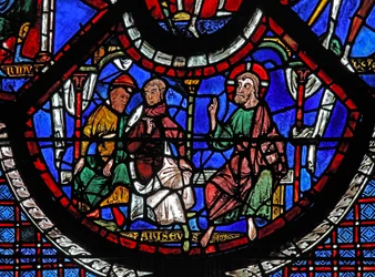 Het raam van de barmhartige Samaritaan: Christus vertelt de gelijkenis van de barmhartige Samaritaan