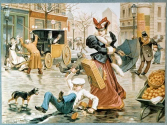 Het ijs tafereel in Parijs tijdens de winter, een klerk glijdt op de vloerplank vanwege het ijs, evenals een paard dat een koets trekt, 20e eeuw (chromolithografie)