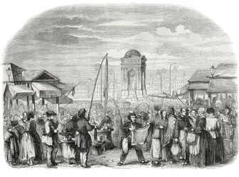 De Onschuldigen marcheren in Parijs met de fontein - Gravure in "Tableau-de-Paris" door Edmond Texier 1852