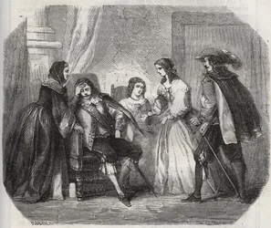 De koning van Frankrijk Lodewijk XIII (1601-1643) wordt getroffen door migraine wanneer hij spreekt met koningin Anna van Oostenrijk (1601-1666). Gravure uit 1871 in 