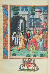 De magische tuin, met allegorische figuren van Hoffelijkheid, Liefde, Schoonheid en Vrijgevigheid, uit de Roman de la Rose