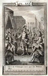 De aankondiging van Telemachus gevolgd door de geallieerde prinsen - gravure uit 1798 na Monnet in Les Aventures de Telemachus, fils d