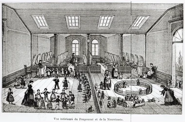 De crèche in de Familisterie van Guise, uit Solutions Sociales door Jean-Baptiste Andre Godin, Parijs, 1871