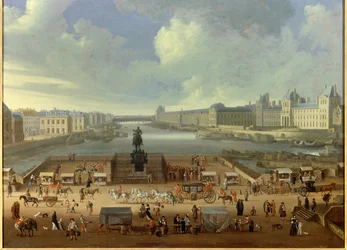 De Pont Neuf gezien vanaf de ingang van Place Dauphine, de Quai Malaquais, het College van Vier Naties, de grote galerij en het Louvre