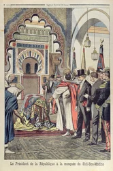 De president van de Franse Republiek, Emile Loubet (1838-1929) bezoekt de Moskee van Sidi Bou Medine, Tlemcen, Algerije, illustratie uit Le Petit Journal, 3 mei 1903