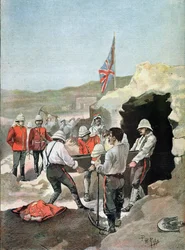 De Sirdar Kitchener (1850-1916) die de as van de Mahdi in de wind gooit in Soedan, geïllustreerd door PH. Ripp, september 1898