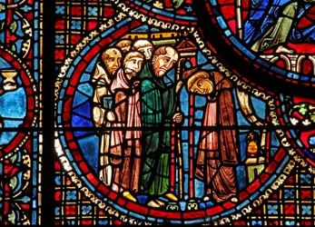 Het raam van Sint-Lubin: hij betreedt een klooster