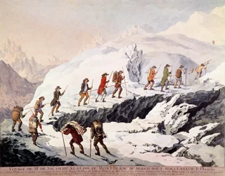 De Zwitserse natuurkundige Horace Benedict de Saussure en de Franse berggids Jacques Balmat maakten de tweede beklimming van de Mont Blanc in augustus 1787