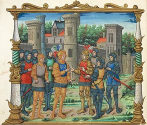 Het Verdrag van Conflans tussen Lodewijk XI en de Hertog van Bourgondië, miniatuur uit Memoires door Philippe de Commines