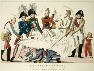 Het Weense Congres op 22/06/1815: de taart van koningen. Het herenigde de acht wereldmachten en probeerde de grenzen opnieuw te definiëren na de val van het rijk van Napoleon I.